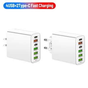 65W 6-Port Wall Charger – 4 USB & 2 Type-C Quick Charge Adapter for iPhone, Samsung, Xiaomi, Huawei, Oppo